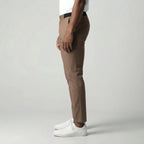 Light Brown Slim Fit Cotton Blend Trousers with Elastic Waist