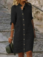 Linen button front collared shirt dress in black