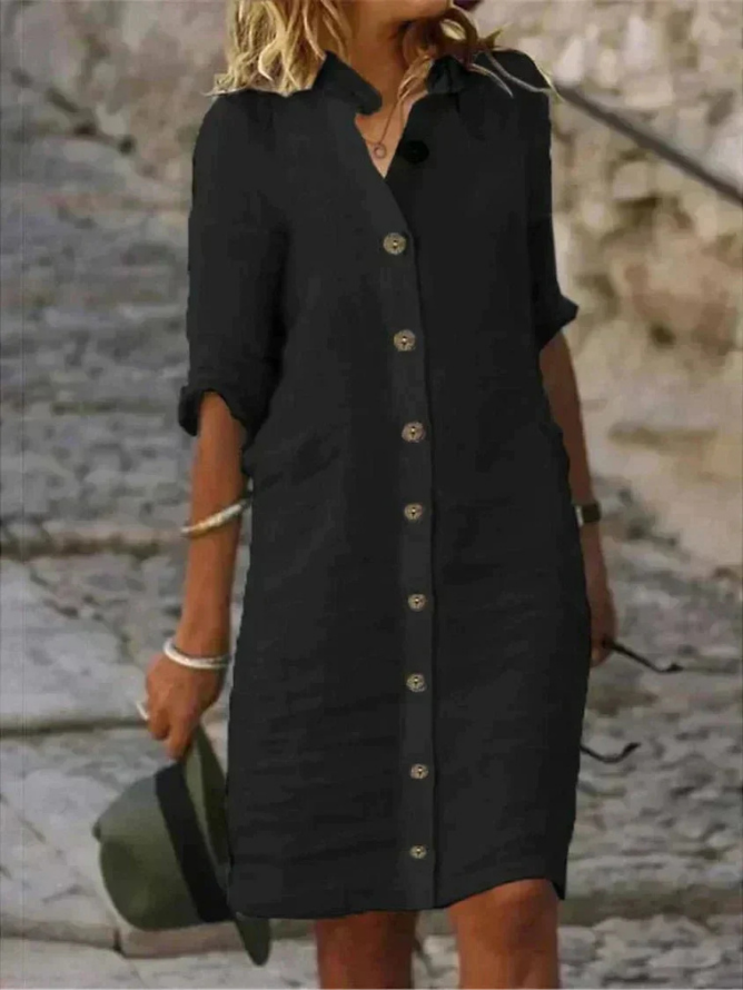 Linen button front collared shirt dress in black
