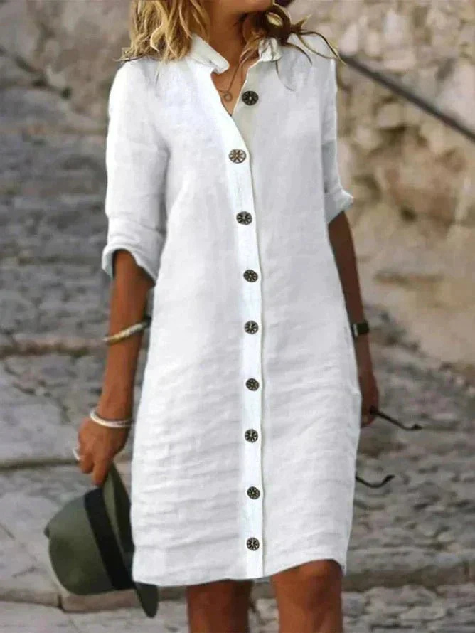 Linen button front collared shirt dress in white