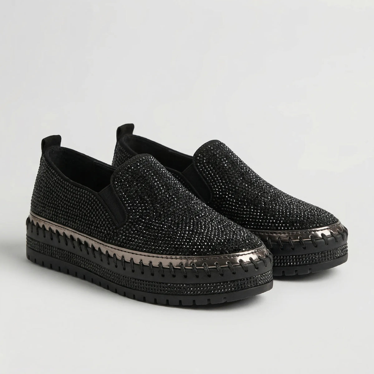 Women's rhinestone embellished slip on platform flats in black