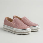 Women's rhinestone embellished slip on platform flats in pink