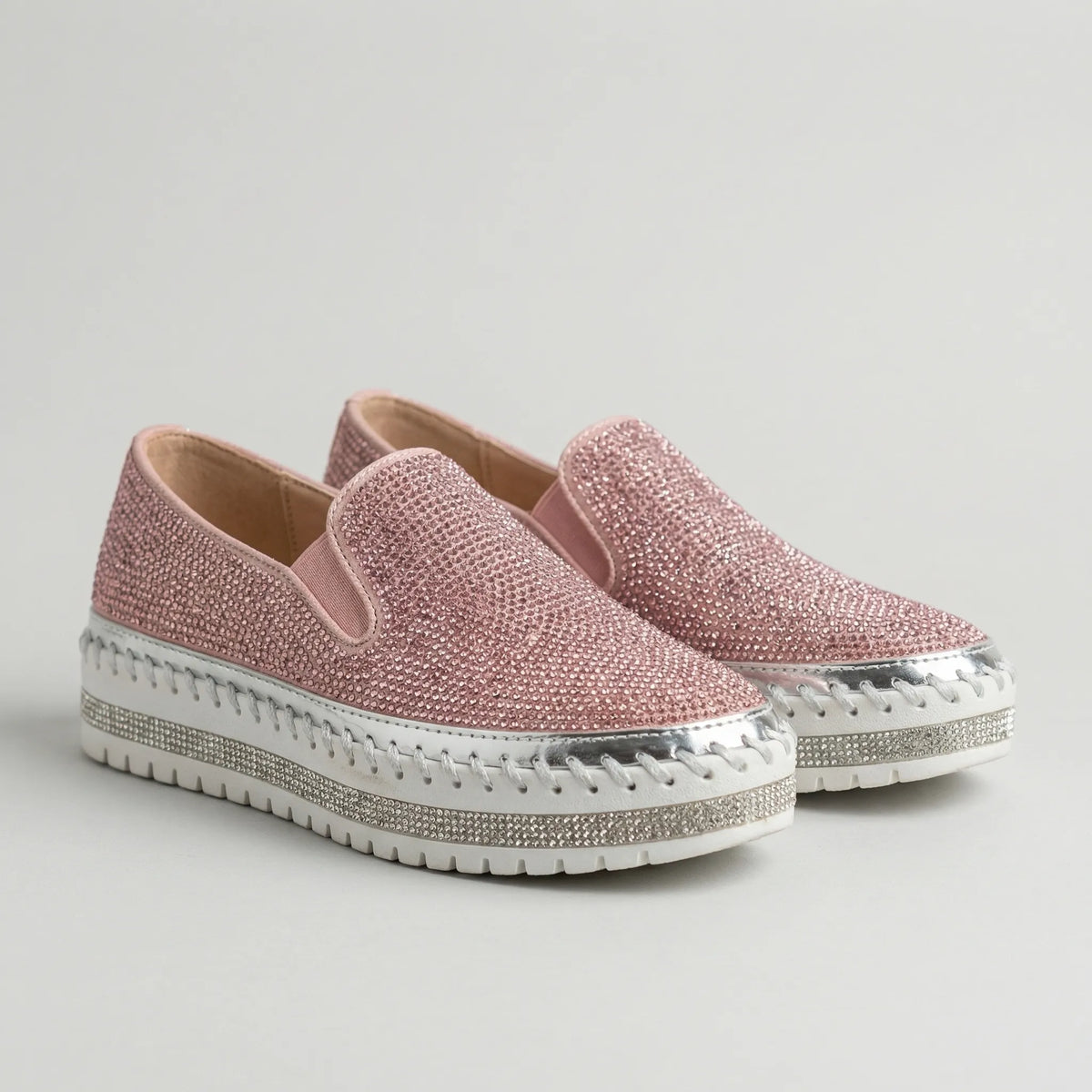 Women's rhinestone embellished slip on platform flats in pink