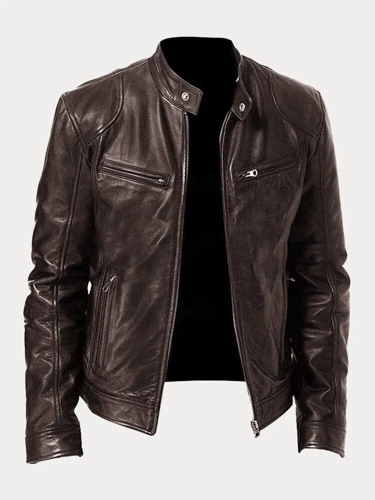 Men's classic leather jacket in dark brown