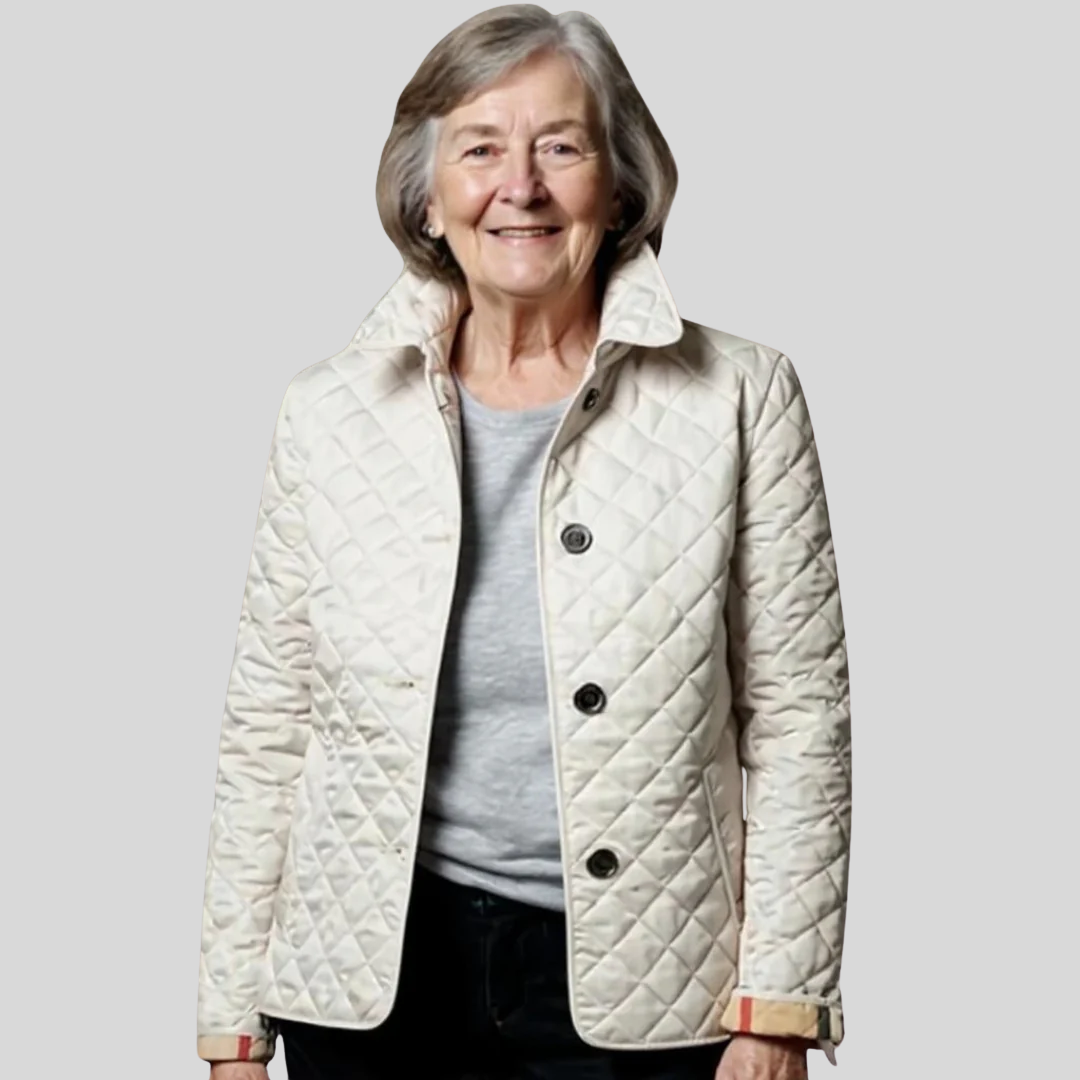 Women's lightweight quilted winter jacket with lapel collar in white