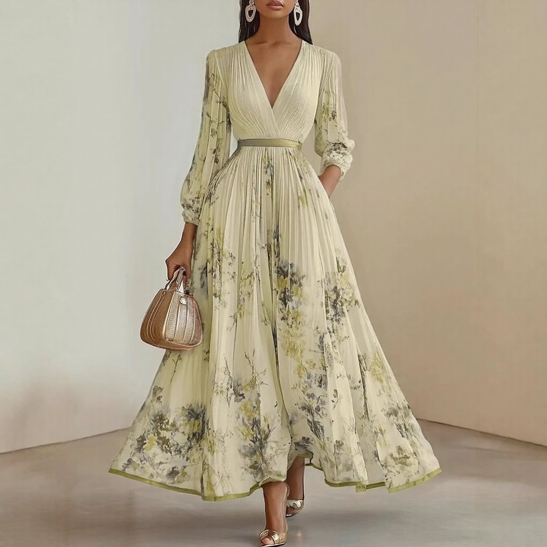 Pleated Maxi Dress with Ribbon Waist