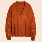 Orange Cable Knit Cardigan with Embroidery