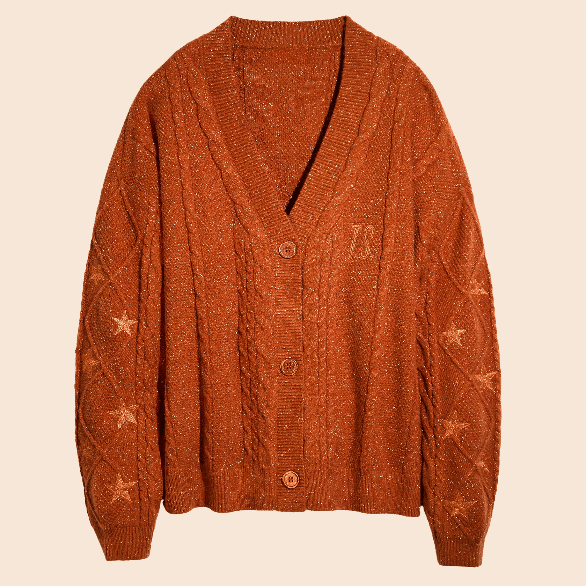 Orange Cable Knit Cardigan with Embroidery