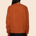 Orange Cable Knit Cardigan with Embroidery