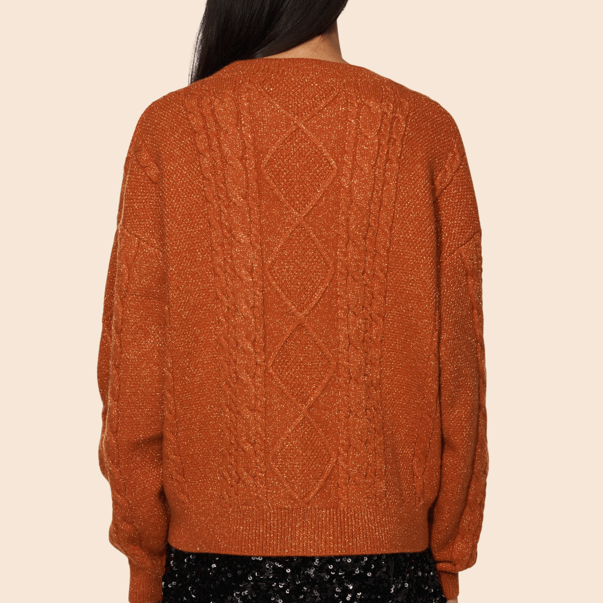 Orange Cable Knit Cardigan with Embroidery