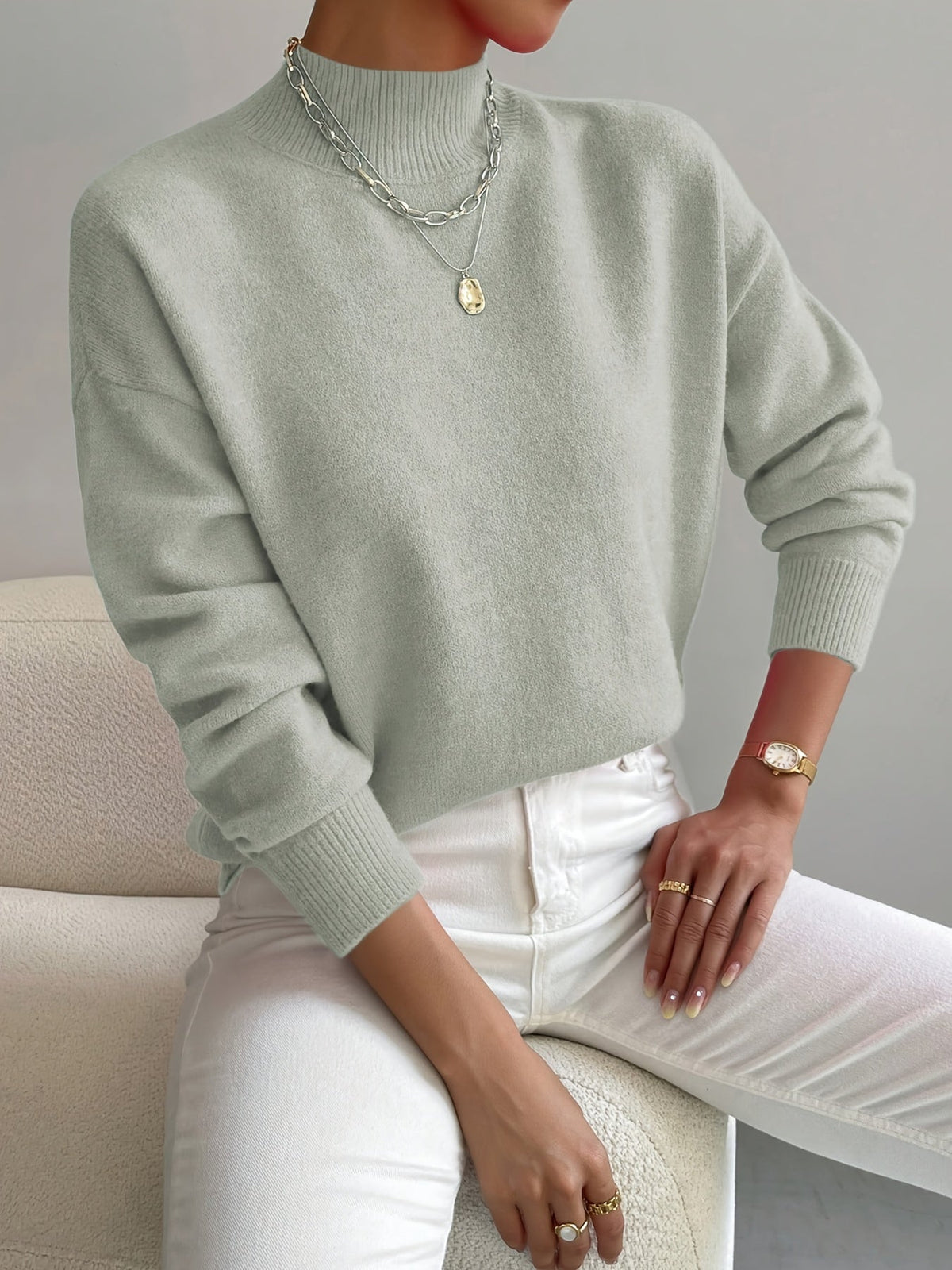 Women's warm soft knit turtleneck sweater in light green