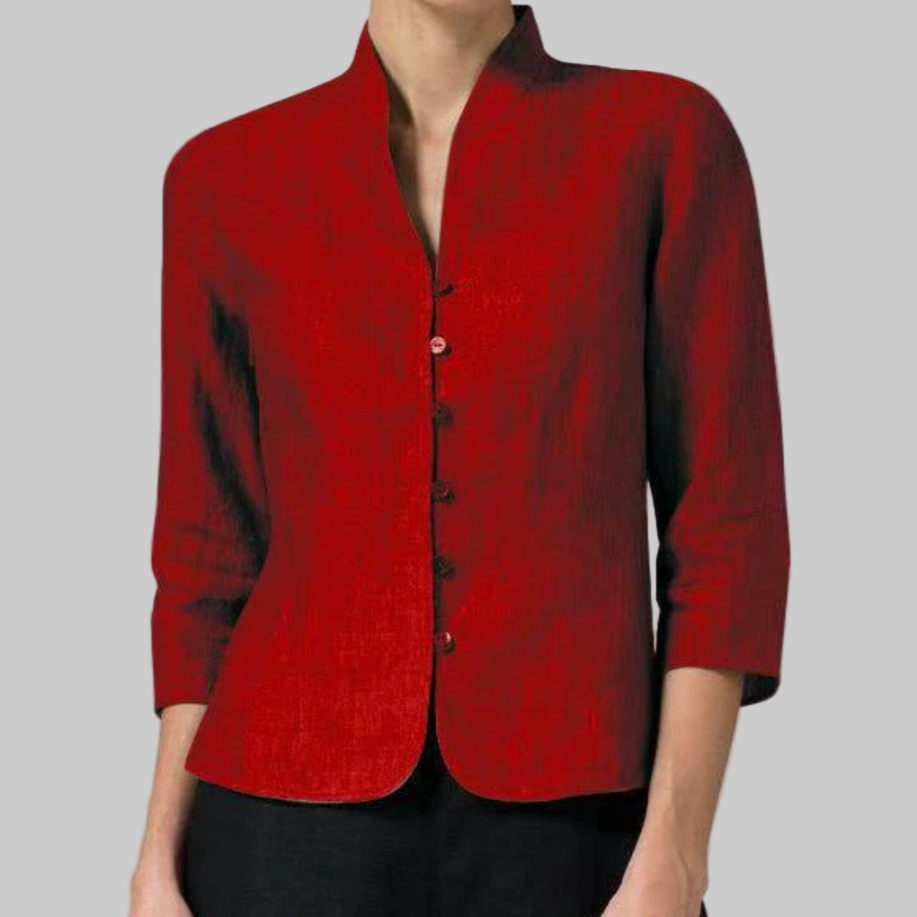Women's stand collar button front blouse with three quarter sleeves in red