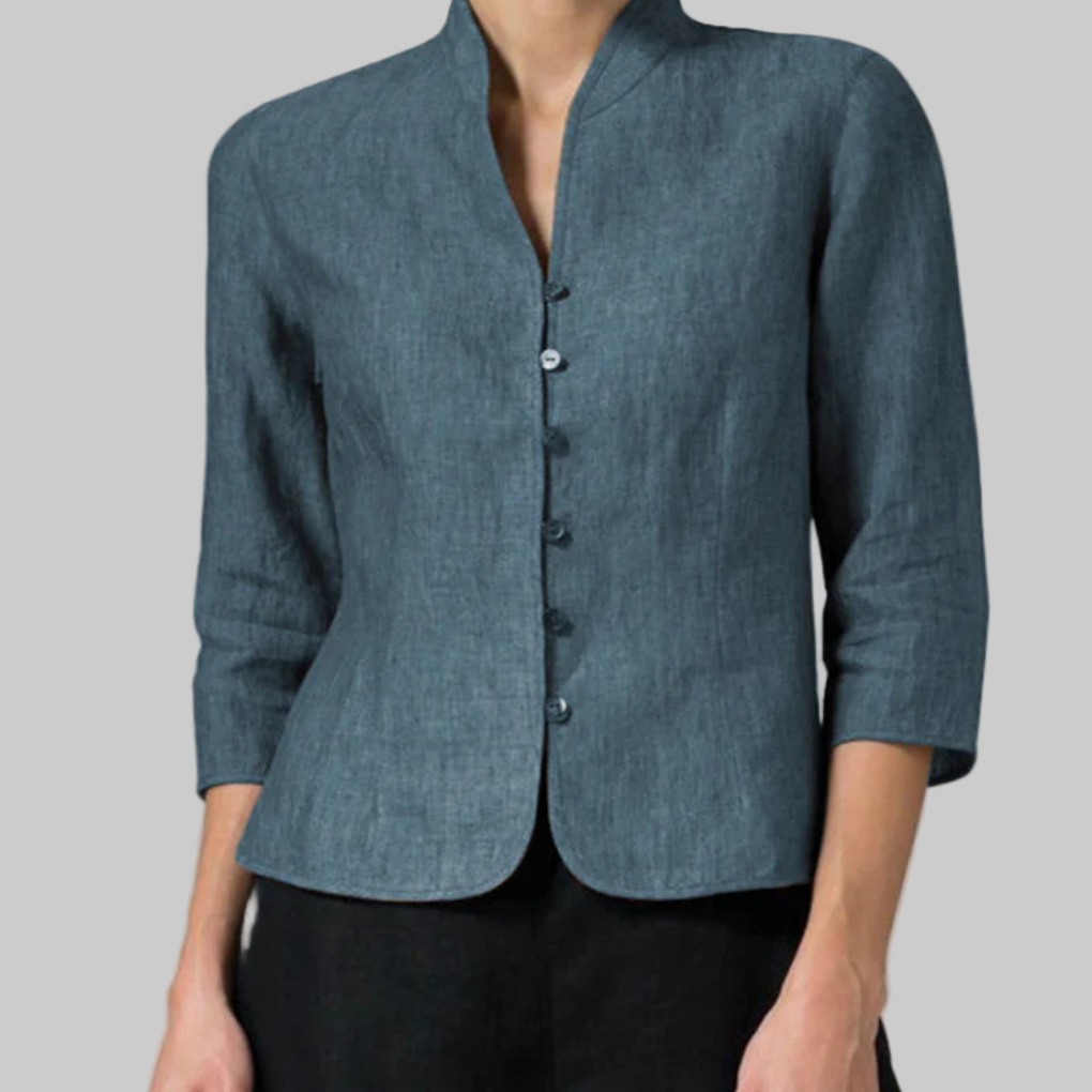 Women's stand collar button front blouse with three quarter sleeves in blue