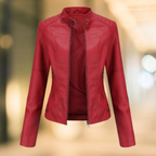 Stand collar leather jacket with zip front in wine red