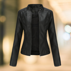 Stand collar leather jacket with zip front in black