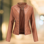 Stand collar leather jacket with zip front in camel