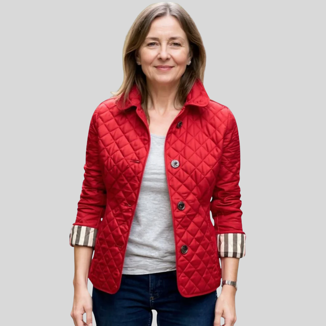 Women's lightweight quilted winter jacket with lapel collar in red