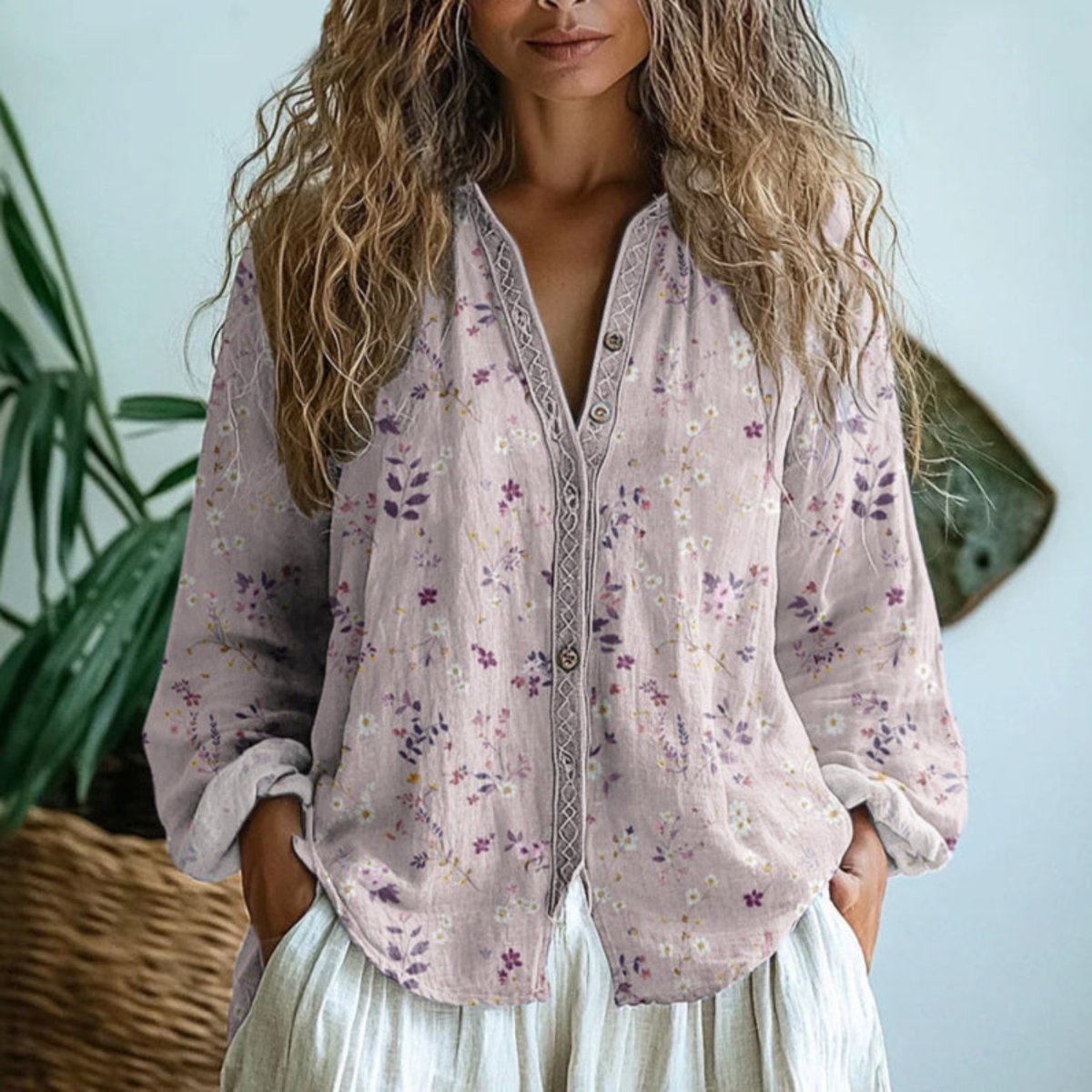 Women's linen long sleeve button front blouse in light pink