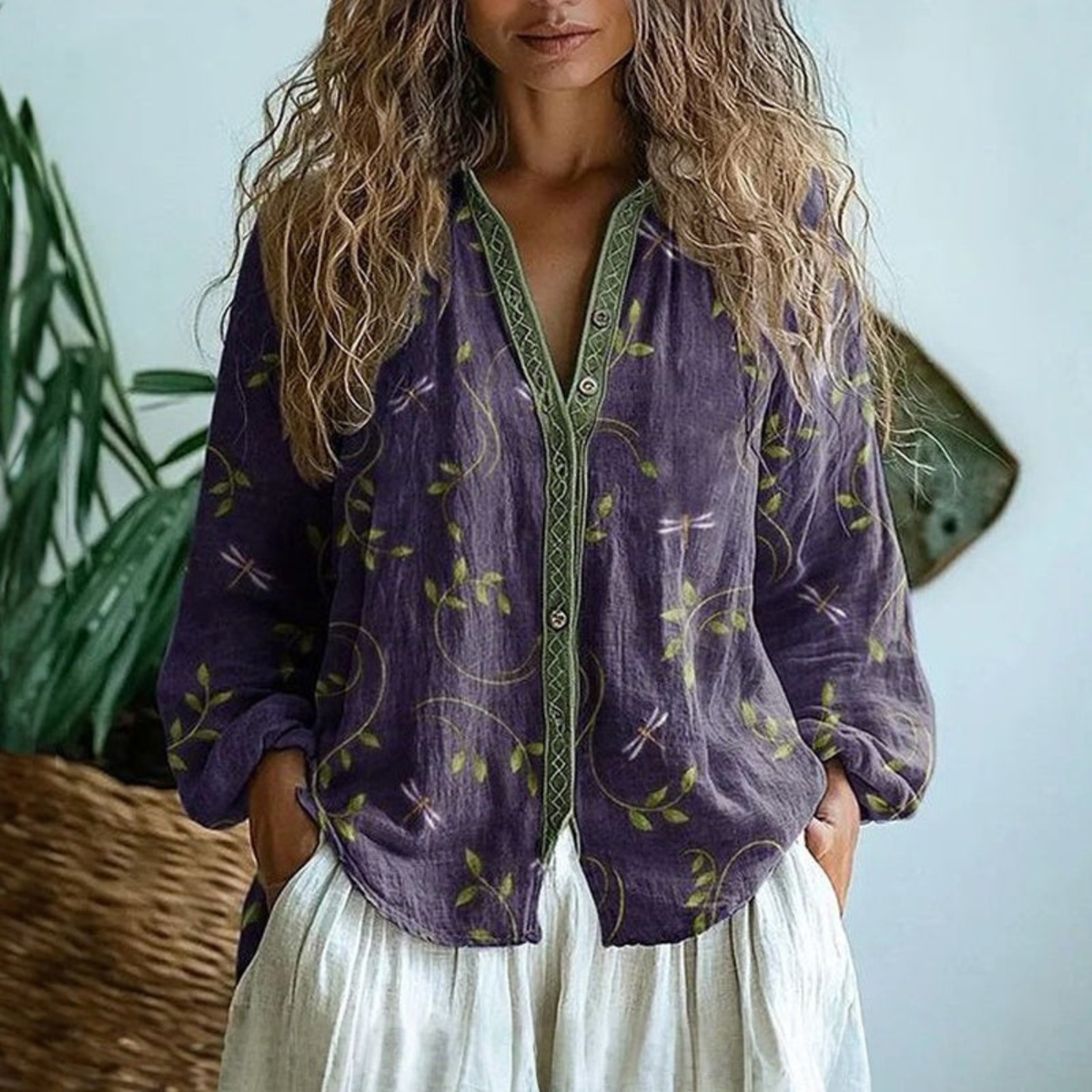 Women's linen long sleeve button front blouse in purple