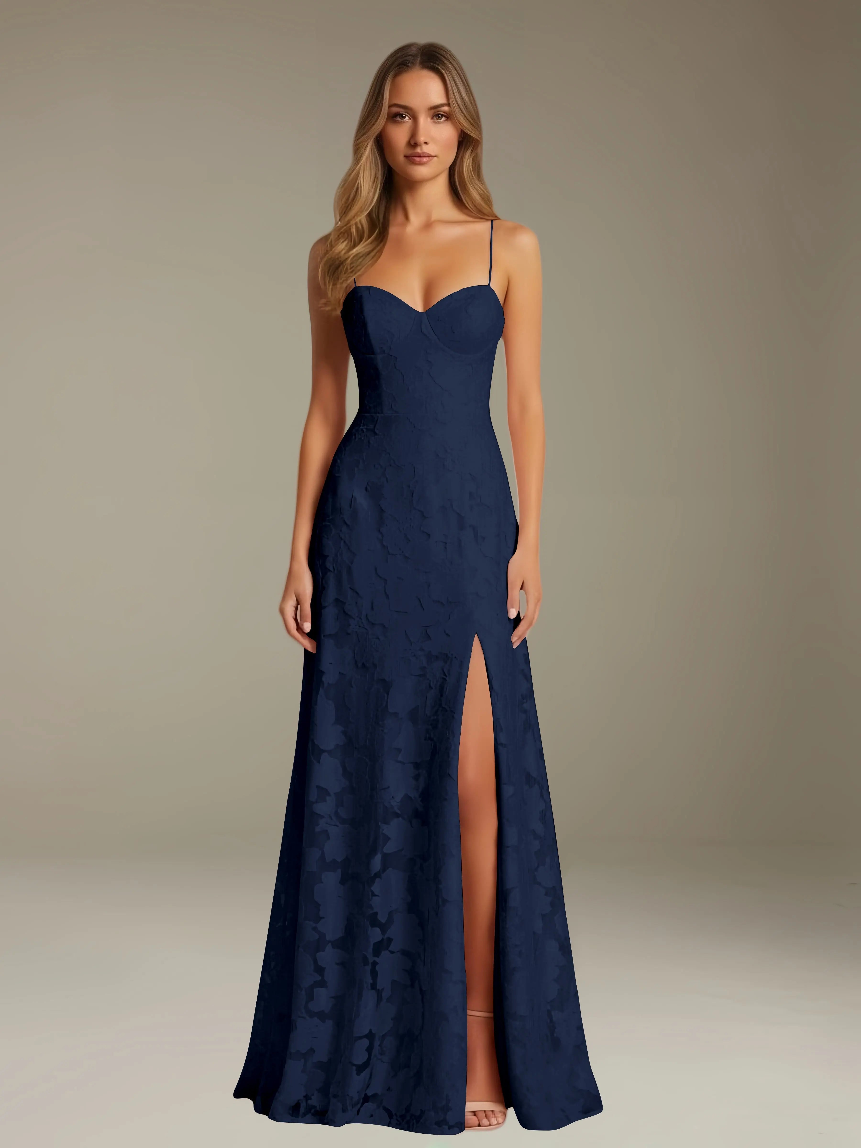 Elegant women's A-line evening dress in a rich hue, designed for formal occasions and wedding guests, featuring a sophisticated side slit for added allure. 10