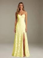 Elegant women's A-line evening dress in a rich hue, designed for formal occasions and wedding guests, featuring a sophisticated side slit for added allure. 14