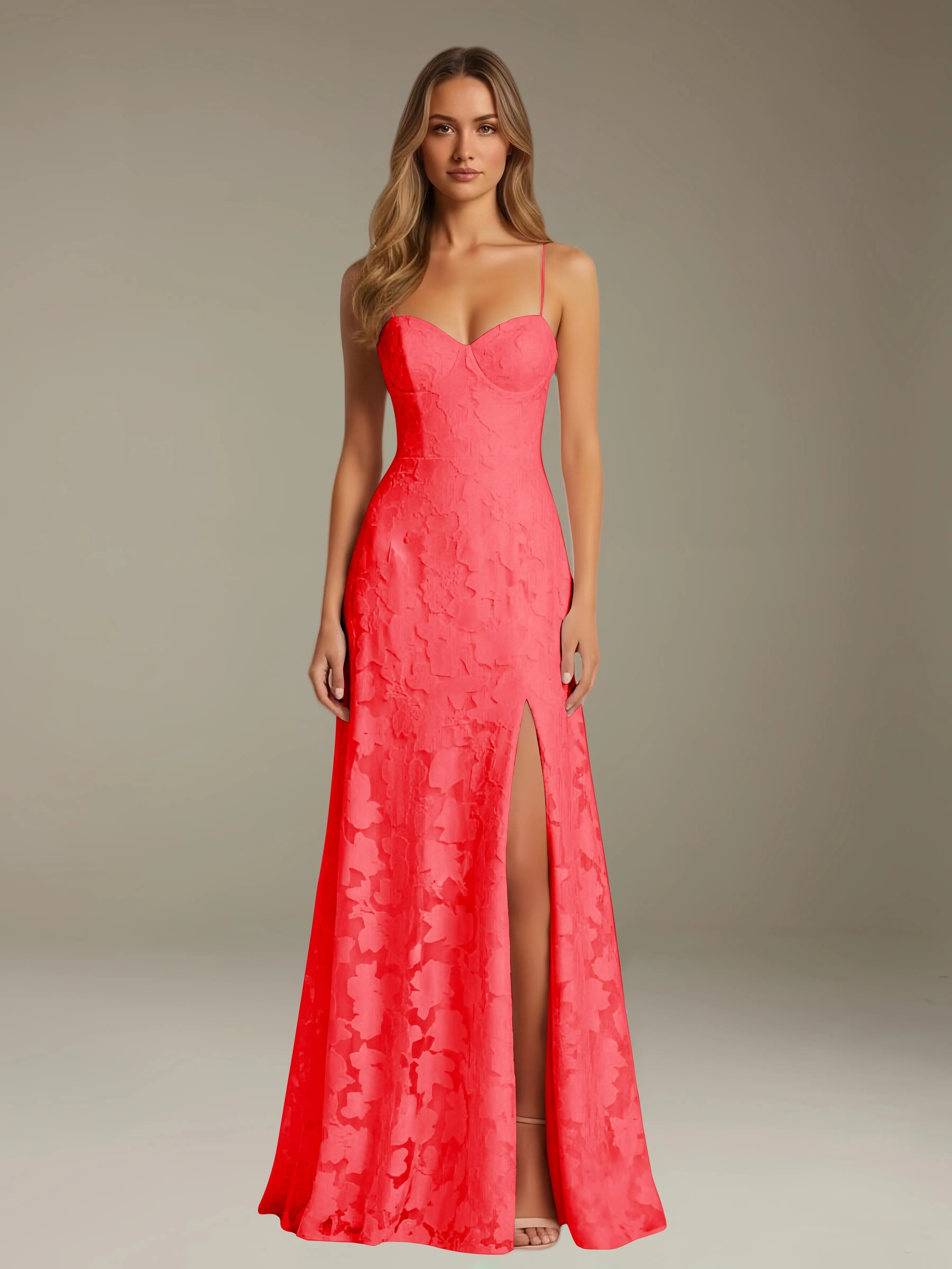 Elegant women's A-line evening dress in a rich hue, designed for formal occasions and wedding guests, featuring a sophisticated side slit for added allure. 18