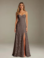 Elegant women's A-line evening dress in a rich hue, designed for formal occasions and wedding guests, featuring a sophisticated side slit for added allure. 7