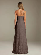 Elegant women's A-line evening dress in a rich hue, designed for formal occasions and wedding guests, featuring a sophisticated side slit for added allure. 8