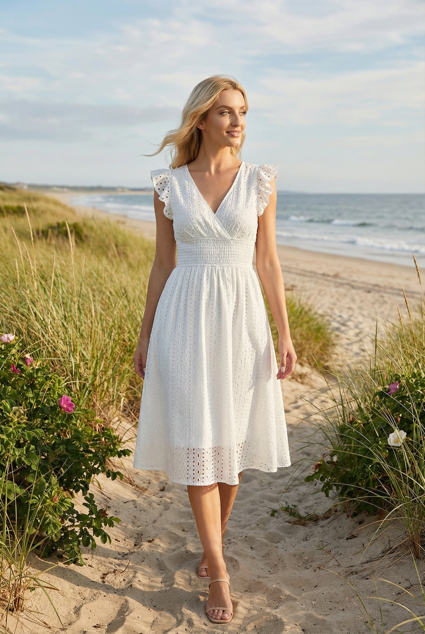 Women's A-Line Summer Dress featuring a smocked waist, perfect for casual outings, beach days, and special events, in a stylish and comfortable design. 3