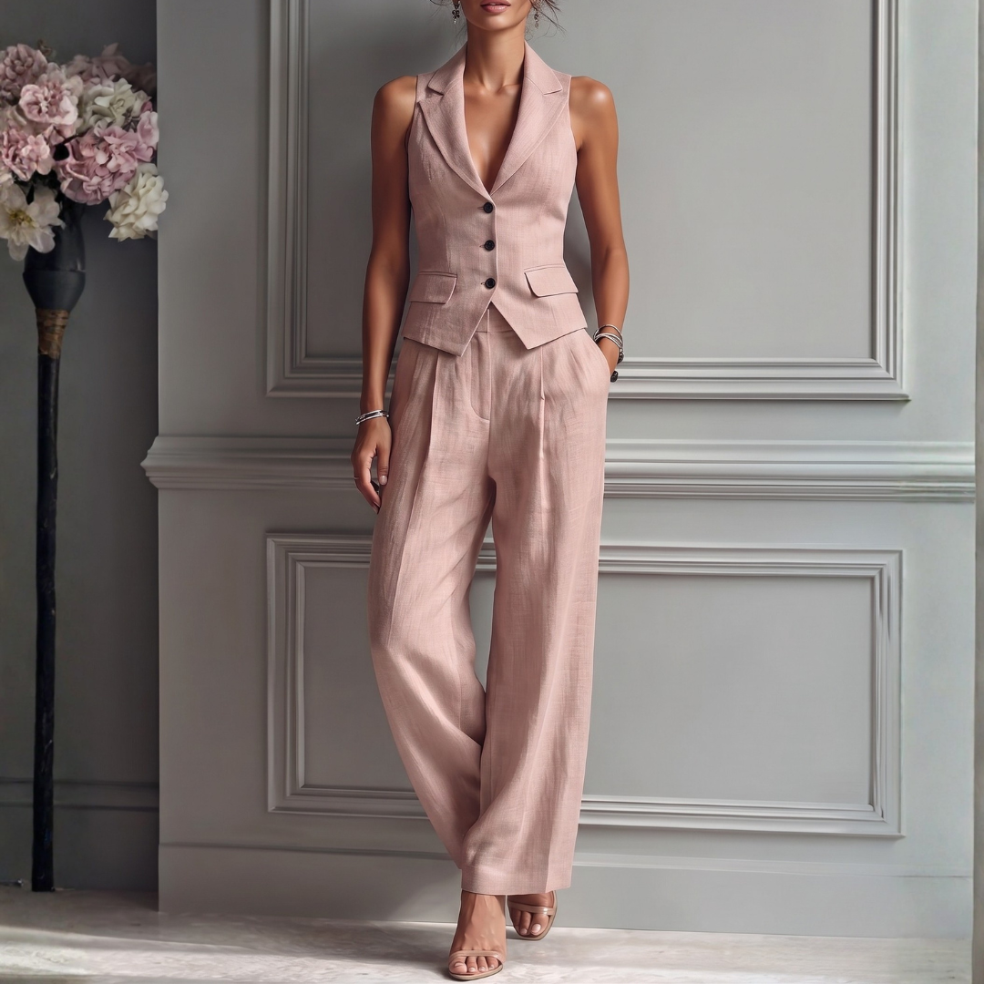 Women's backless vest and wide-leg trousers set, perfect for summer outings, featuring a stylish design and comfortable fit. 0