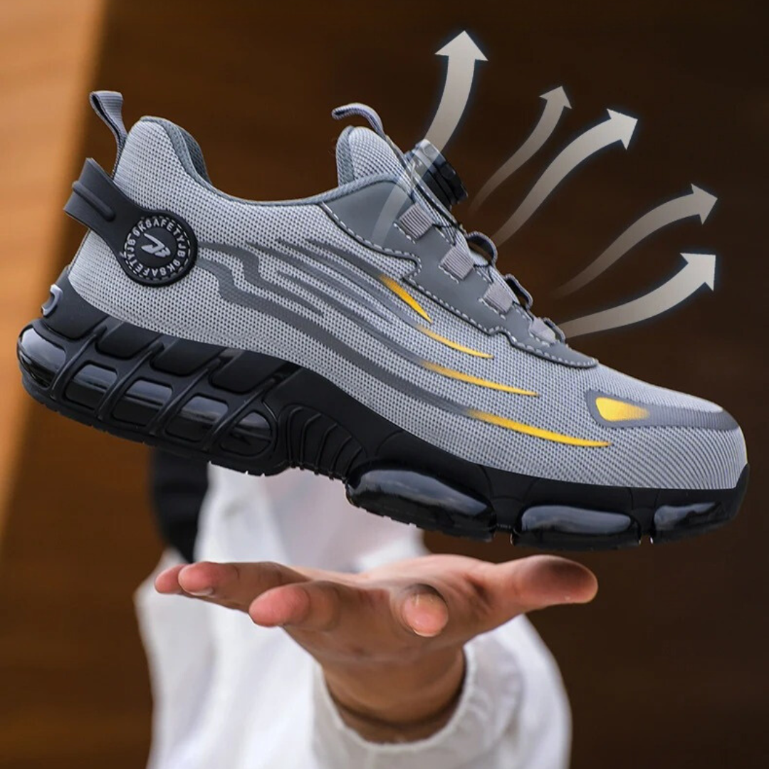 Women's breathable steel toe safety shoes designed for comfort and protection, featuring quick release functionality for easy wear, ideal for work environments. 2