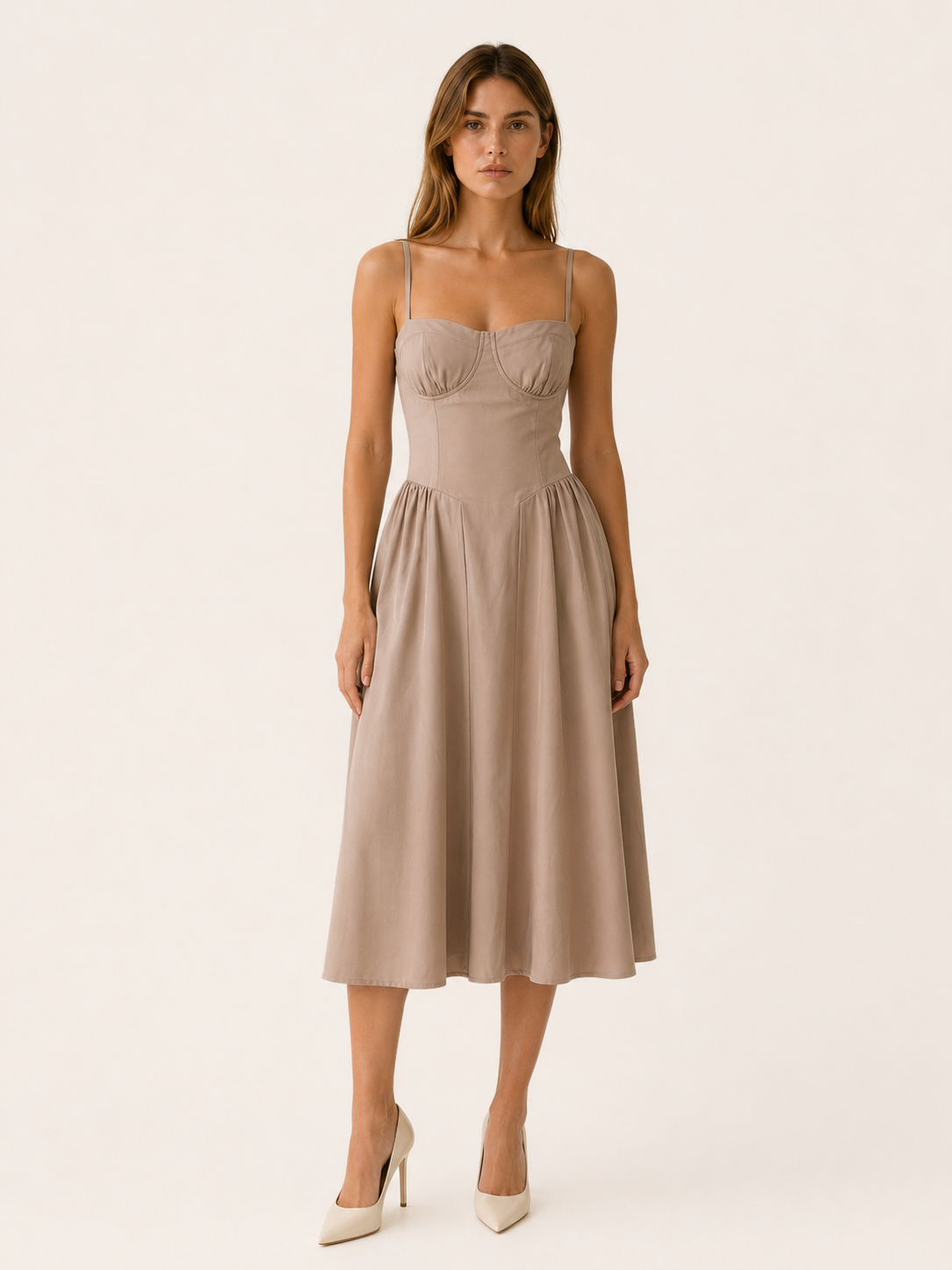 Elegant women's corset midi dress featuring a flattering sweetheart neckline, perfect for summer occasions, with a stylish design that enhances the feminine silhouette. 8