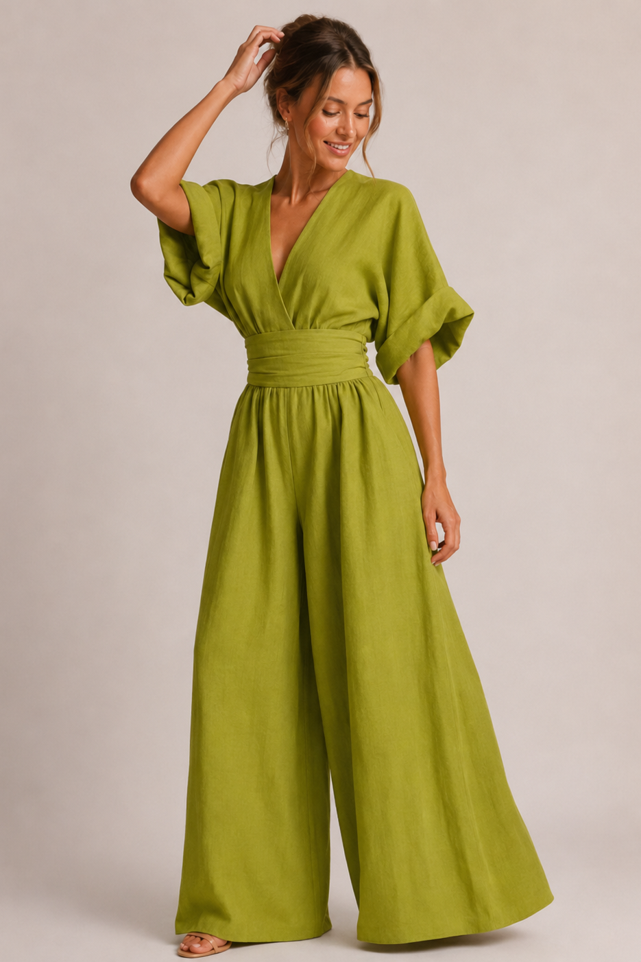 Women's elegant high waist wide leg jumpsuit featuring three quarter sleeves, perfect for stylish occasions and comfortable wear. 0