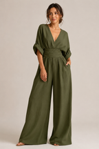 Women's elegant high waist wide leg jumpsuit featuring three quarter sleeves, perfect for stylish occasions and comfortable wear. 2