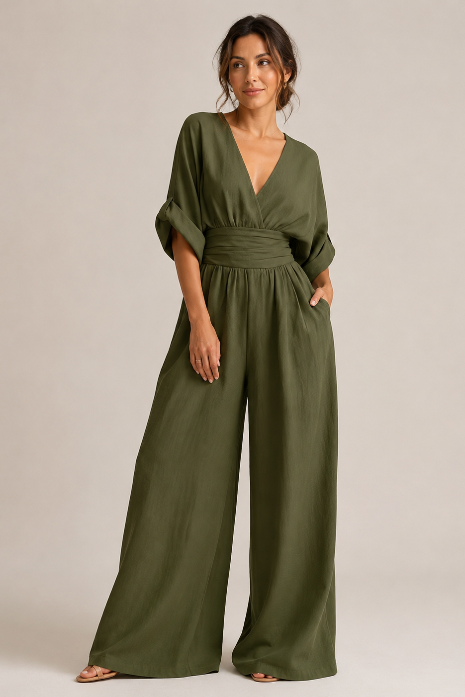 Women's elegant high waist wide leg jumpsuit featuring three quarter sleeves, perfect for stylish occasions and comfortable wear. 2