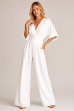 Women's elegant high waist wide leg jumpsuit featuring three quarter sleeves, perfect for stylish occasions and comfortable wear. 3