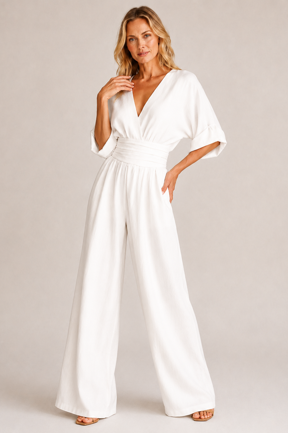 Women's elegant high waist wide leg jumpsuit featuring three quarter sleeves, perfect for stylish occasions and comfortable wear. 3