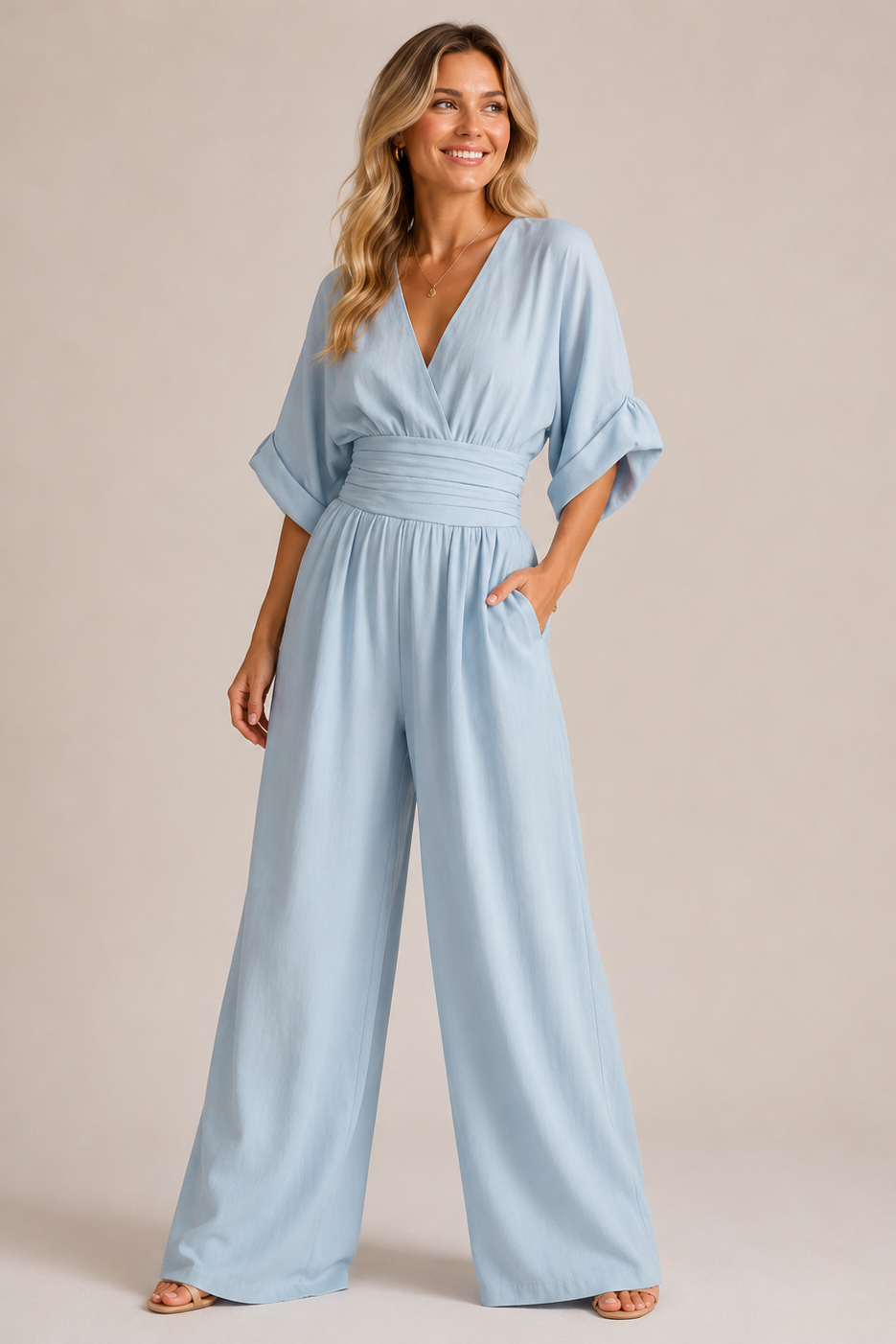Women's elegant high waist wide leg jumpsuit featuring three quarter sleeves, perfect for stylish occasions and comfortable wear. 4