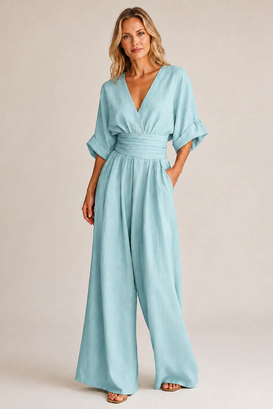 Women's elegant high waist wide leg jumpsuit featuring three quarter sleeves, perfect for stylish occasions and comfortable wear. 5