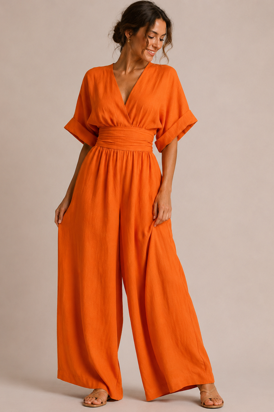 Women's elegant high waist wide leg jumpsuit featuring three quarter sleeves, perfect for stylish occasions and comfortable wear. 6