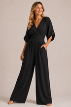Women's elegant high waist wide leg jumpsuit featuring three quarter sleeves, perfect for stylish occasions and comfortable wear. 7