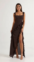 Elegant women's evening dress featuring ruffled details, perfect for formal occasions, showcasing a flowing maxi silhouette in a sophisticated design. 0