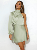 Women's fitted asymmetrical one shoulder cocktail dress in elegant evening style, featuring a sleek silhouette and modern design, perfect for formal events and parties. 0