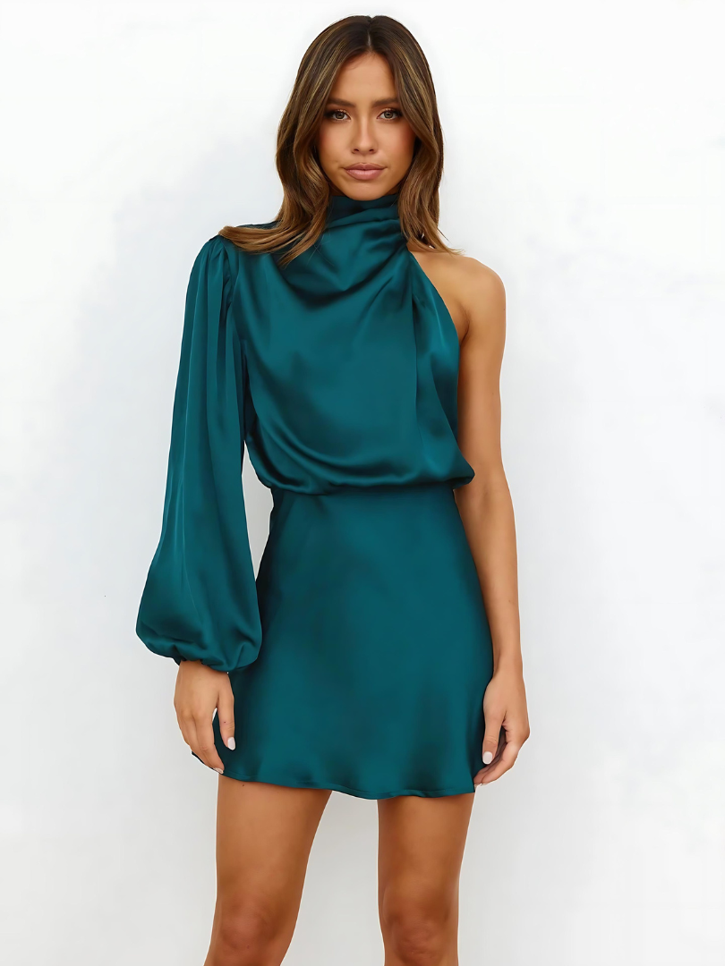 Women's fitted asymmetrical one shoulder cocktail dress in elegant evening style, featuring a sleek silhouette and modern design, perfect for formal events and parties. 8