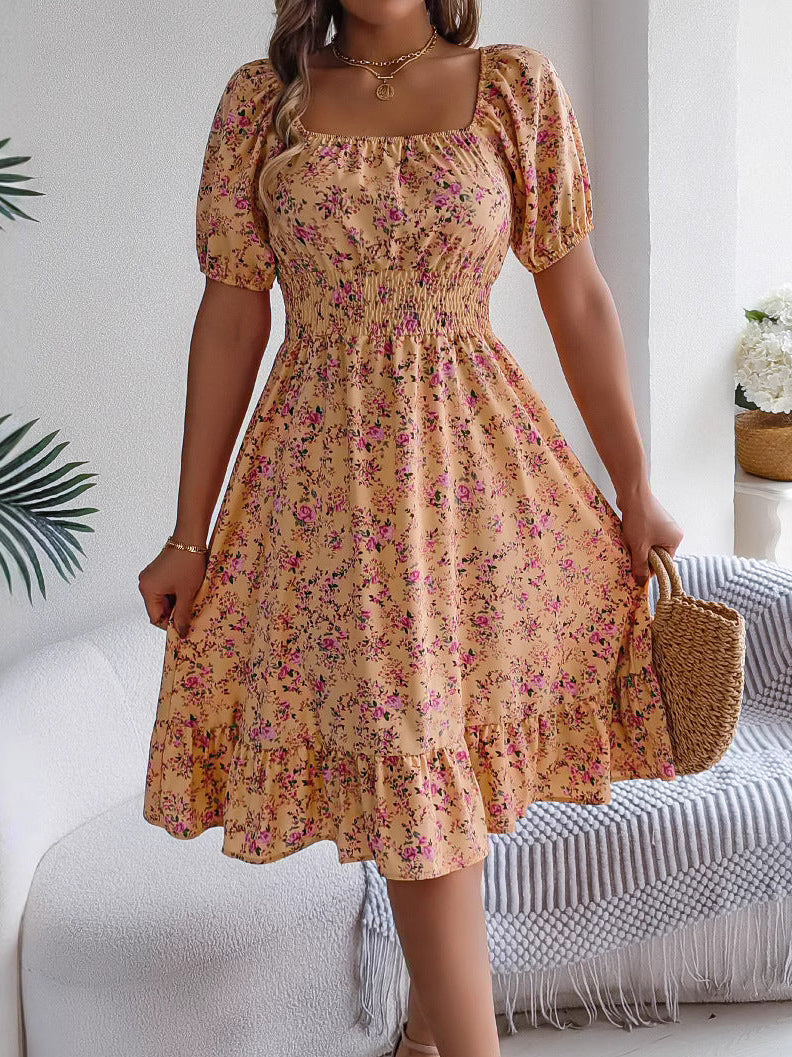 Women's floral ruffle dress featuring a square neckline and high waist, perfect for autumn fashion. 1