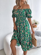 Women's floral ruffle dress featuring a square neckline and high waist, perfect for autumn fashion. 3