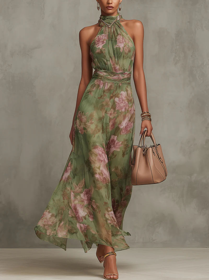 Women's flowy halter neck floral summer dress featuring vibrant blooms, a comfortable fit, and a breezy silhouette, perfect for warm weather outings. 0