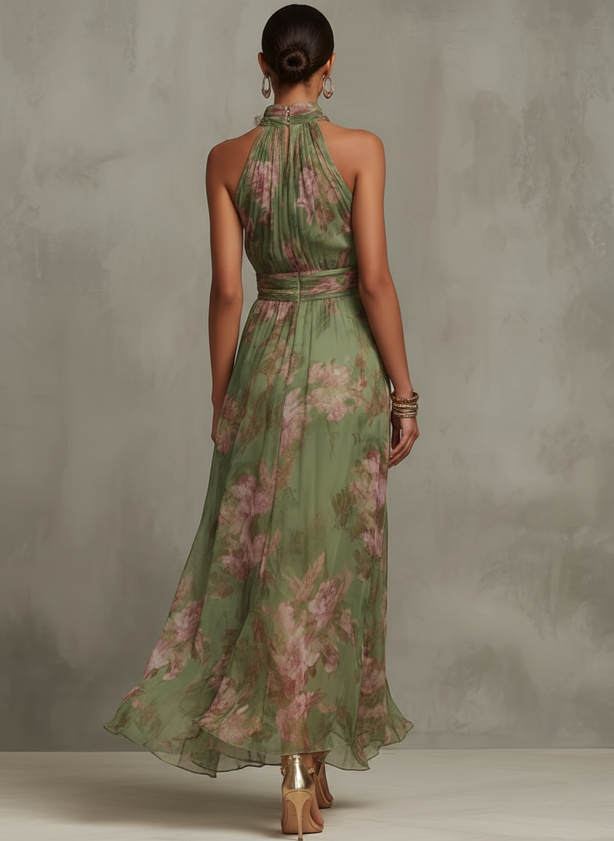 Women's flowy halter neck floral summer dress featuring vibrant blooms, a comfortable fit, and a breezy silhouette, perfect for warm weather outings. 1
