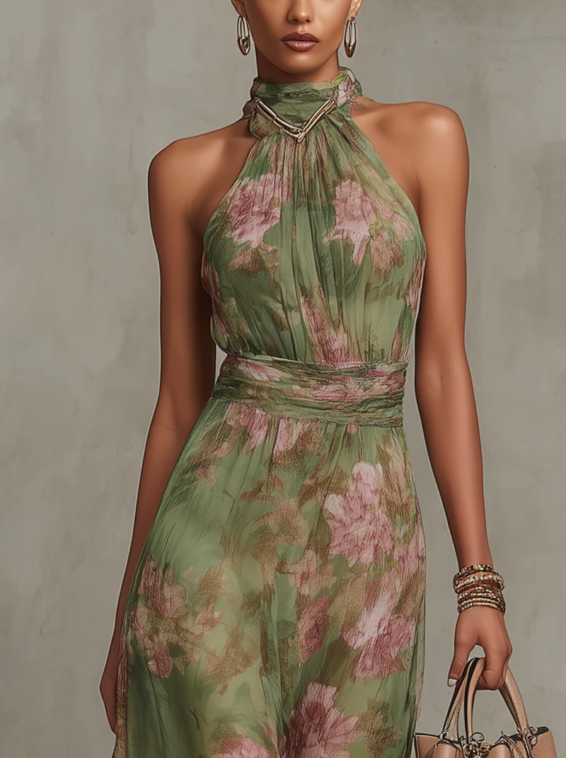 Women's flowy halter neck floral summer dress featuring vibrant blooms, a comfortable fit, and a breezy silhouette, perfect for warm weather outings. 2