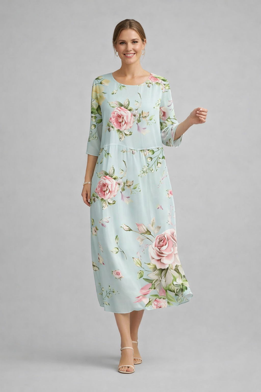 Women's Graceful Floral Print Dress featuring a vibrant design, perfect for summer formal occasions, showcasing elegant short sleeves and a flattering silhouette. 0